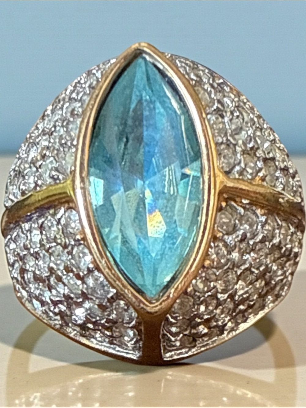 Vintage Style Blue Marquise Crystal Cocktail Ring Gold Pavé Statement Sz 8